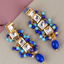 LUCKY JEWELLERY Gold-Plated Contemporary Kundan Studded Drop Earrings-image-98