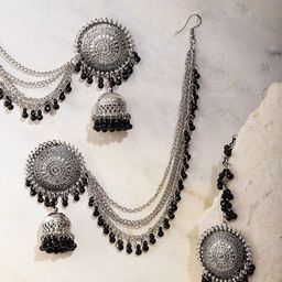 DIVASTRI Silver-Plated Artificial Beaded Maang Tika and Earrings-image-72