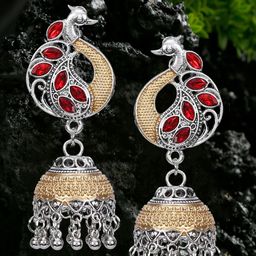 DIVASTRI Silver-Plated Artificial Stones Studded Peacock Shaped Jhumkas-16