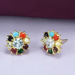 PRIVIU Gold Plated American Diamond Stone Studded Floral Studs Earrings-57