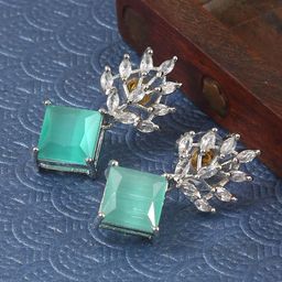 Jewar Mandi Silver Plated Leaf Shaped Cubic Zirconia Drop Earrings-40