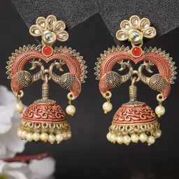 ADIVA Gold-Plated Kundan-Studded Peacock Shaped Jhumkas-8