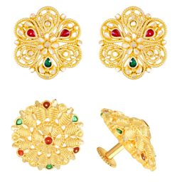 Vighnaharta Set of 2 Gold Plated Floral Stud Earrings-17