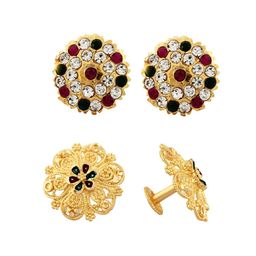 Vighnaharta Set Of 2 Gold-Plated Stone-Studded Brass Floral Studs Earrings-17