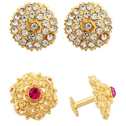 Vighnaharta Set Of 2 Gold-Plated Stones-Studded Floral Studs-5