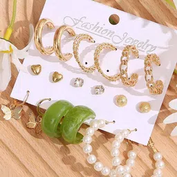 Bohey by KARATCART Set Of 9 Gold-Plated Contemporary Hoop & Studs Earrings-7