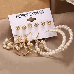 Bohey by KARATCART Set Of 6 Gold-Plated Stone-Studded and Beaded Hoop & Studs Earrings-9