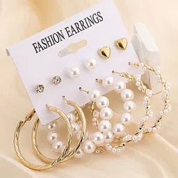 Bohey by KARATCART Gold Plated Set Of 6 Pearl Beaded Studs & Hoop Earrings-79
