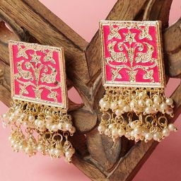 SOHI Pink & Gold-Plated Meenakari Pearl Contemporary Studs Earrings-33