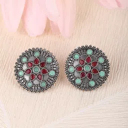 Anouk Red Stone Studded Silver-Plated Classic Oxidised Studs Earrings-19
