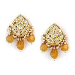 DUGRISTYLE Gold-Plated Yellow Sterling Silver Kundan Studded Contemporary Drop Earrings-15