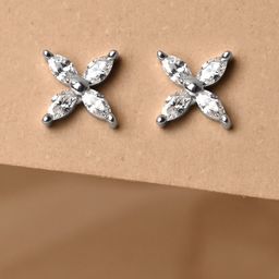 Clara Rhodium-Plated Sterling Silver Floral Cubic Zirconia Studded Studs-image-32