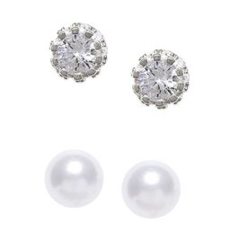 OOMPH Set Of 2 Silver-Plated Cubic Zirconia & Pearl Contemporary Studs Earrings-20