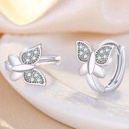 Jewels Galaxy Silver Plated American Diamond-Studded Butterfly Shape Hoop Earrings-image-37