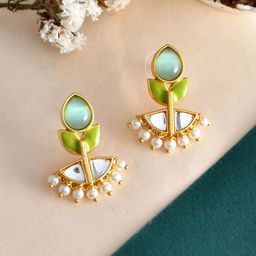 Voylla Gold Plated Kundan Studded & Pearls Beaded Drop Earrings-image-90