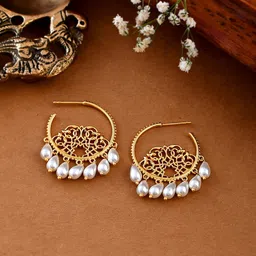 Voylla Gold-Plated Pearl Beaded Contemporary Half Hoop Earrings-image-47