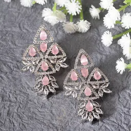 ZENEME Rhodium-Plated AD Studded Contemporary Drop Earrings-15