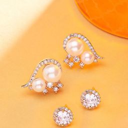Zaveri Pearls Set of 2 Rose Gold Contemporary Cubic Zirconia Studded Studs Earrings-8