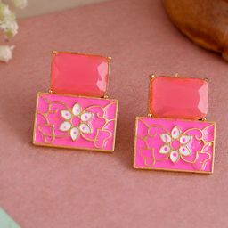 Silvermerc Designs Pink & Gold-Plated Square Chalcedony Meenakari Studs Earrings-image-5