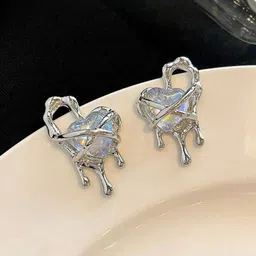 VAGHBHATT Silver-Plated Stainless Steel Stones Studded Heart Shaped Studs Earrings-11