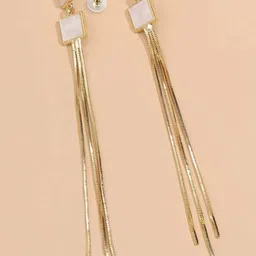 Yellow Chimes White Stone Golden Tassel Crystal Studded Dangle Earrings-47
