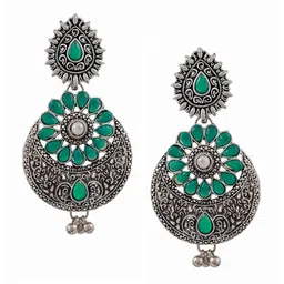Silvermerc Designs Women Silver-Toned & Green Contemporary Drop Earrings-1