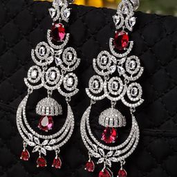 ZENEME Silver-Plated & Pink American Diamond Studded Contemporary Chandbalis Earrings-55