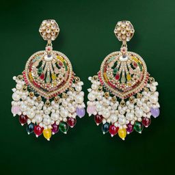 UnfoldSelf Gold Plated Stone Studded & Beaded Contemporary Drop Earrings-2