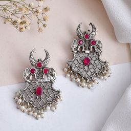 DASTOOR Silver-Plated Oxidised Contemporary Chandbalis-50