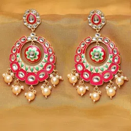 OOMPH Pink & Green Enamelled Floral Chandbalis Earrings-29
