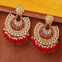 OOMPH Maroon & White Gold-Plated Kundan Meenakari Contemporary Chandbalis Earrings-56