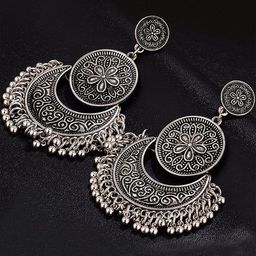 Yellow Chimes Silver-Toned Oxidised Chandbalis Earrings-image-29