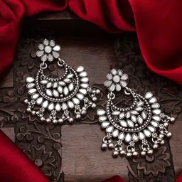 aadita Silver-Toned & Plated Oval AD-Studded Chandbalis Mirror Earrings-48