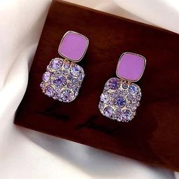 BEYTER Korean Stainless Steel Crystal Studded Square Shaped Drop Earrings-5