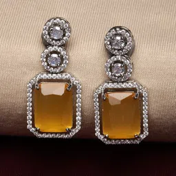 ZENEME Rhodium-Plated American Diamond Studded Geometric Shaped Drop Earrings-24