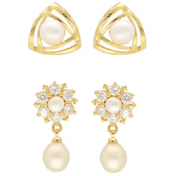 Sri Jagdamba Pearls Dealer Set Of 2 Gold-Plated Beaded Geometric Studs And Drop Earrings-9