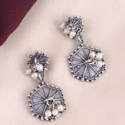 PANASH Silver-Plated Oxidised Pearls Drop Earrings-13