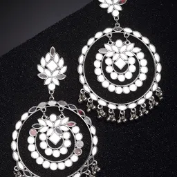 KARATCART Women Silver Toned Silver Plated Mirror Studded Round Shape Drop Earrings-image-0