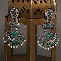OOMPH Silver-Toned & Green Oxidised Classic Drop Earrings-10