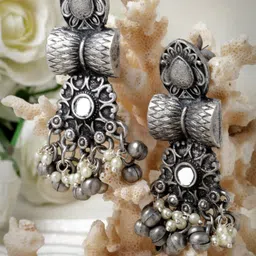 Moedbuille Silver-Plated Mirrors & Pearl-Studded Temple Drop Earrings-79
