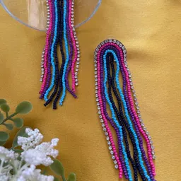 Digital Dress Room Stone-Studded Beaded Tasselled Classic Drop Earrings-image-45