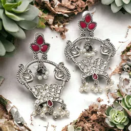 Ozanoo Silver-Plated Peacock Shaped Crystals Oxidised Drop Earrings-1
