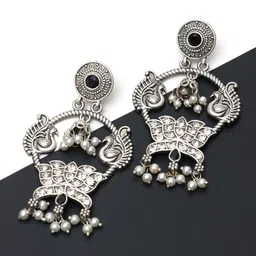 Ozanoo Silver-Plated Replica Peacock Cubic Zirconia Studded & Beaded Drop Earrings-38