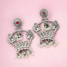 Ozanoo Crystals Silver-Plated Oxidised Peacock Shaped Drop Earrings-42
