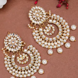 KARATCART White Gold-Plated Classic Pearl Drop Kundan Chandbalis Earrings-42