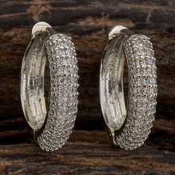 Kushal's Fashion Jewellery Rhodium-Plated CZ Stone Studded Classic Hoop Earrings-3