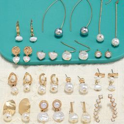 AMI Set of 15 Gold Tone Contemporary Classy Pearl Stud & Drop Earrings-21