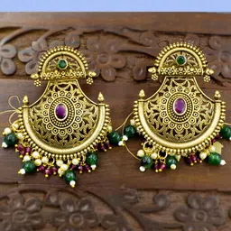 PRIVIU Gold-Plated Crescent Shaped Beaded Drop Earrings-image-6