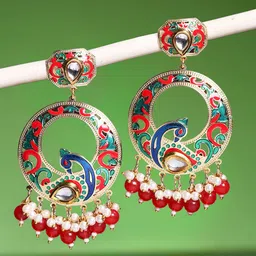OOMPH Meenakari Kundan Studded & Beaded Peacock Shaped Chandbalis-9