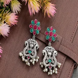 UNIVERSITY TRENDZ Silver-Plated Stone Studded Oxidised Classic Drop Earrings-image-83